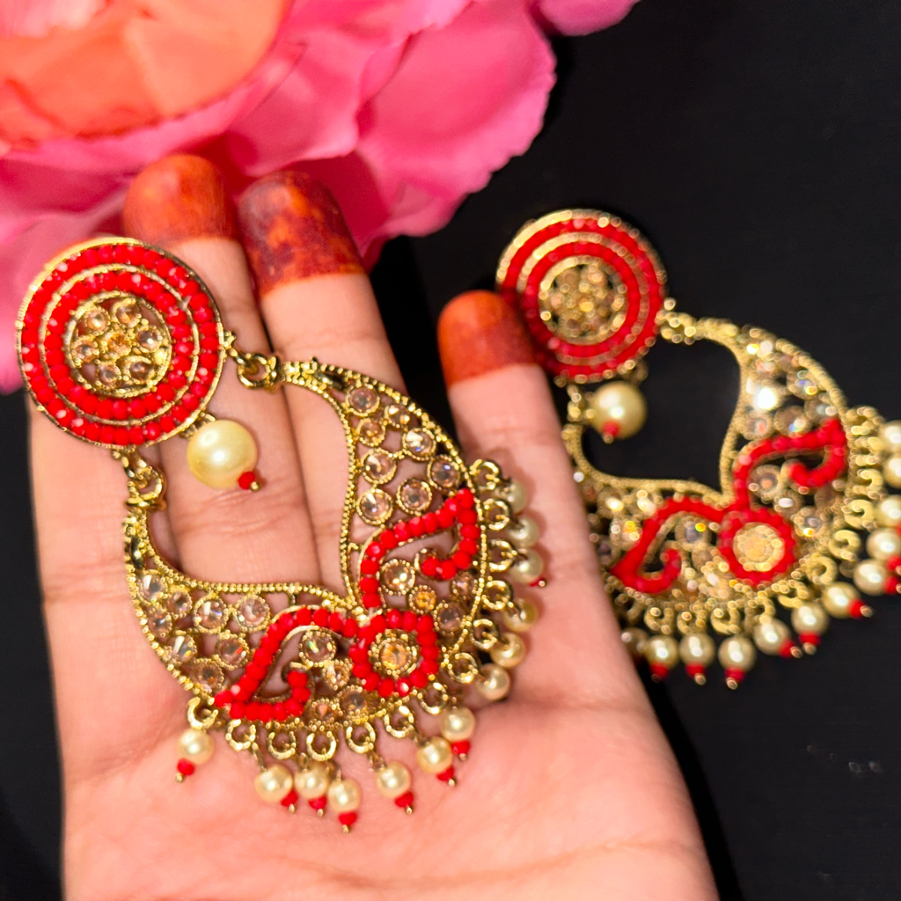Red Polki & Stone Earrings